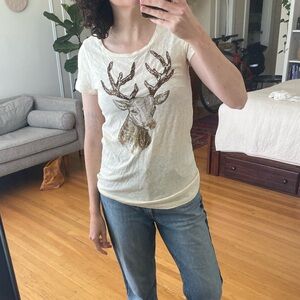J.Crew Women's Beaded Reindeer Tee, Ivory, Size Small